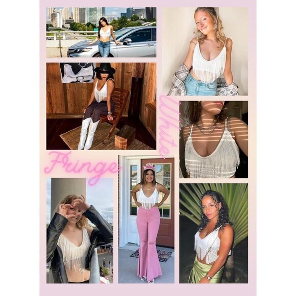 Women Tassel Tank Outfits  Festival Clothes Rave V-Neck Sleeveless Shirt - Picture 4 of 6